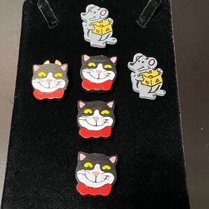 Vintage Cute Cat and Mouse wooden painted button covers